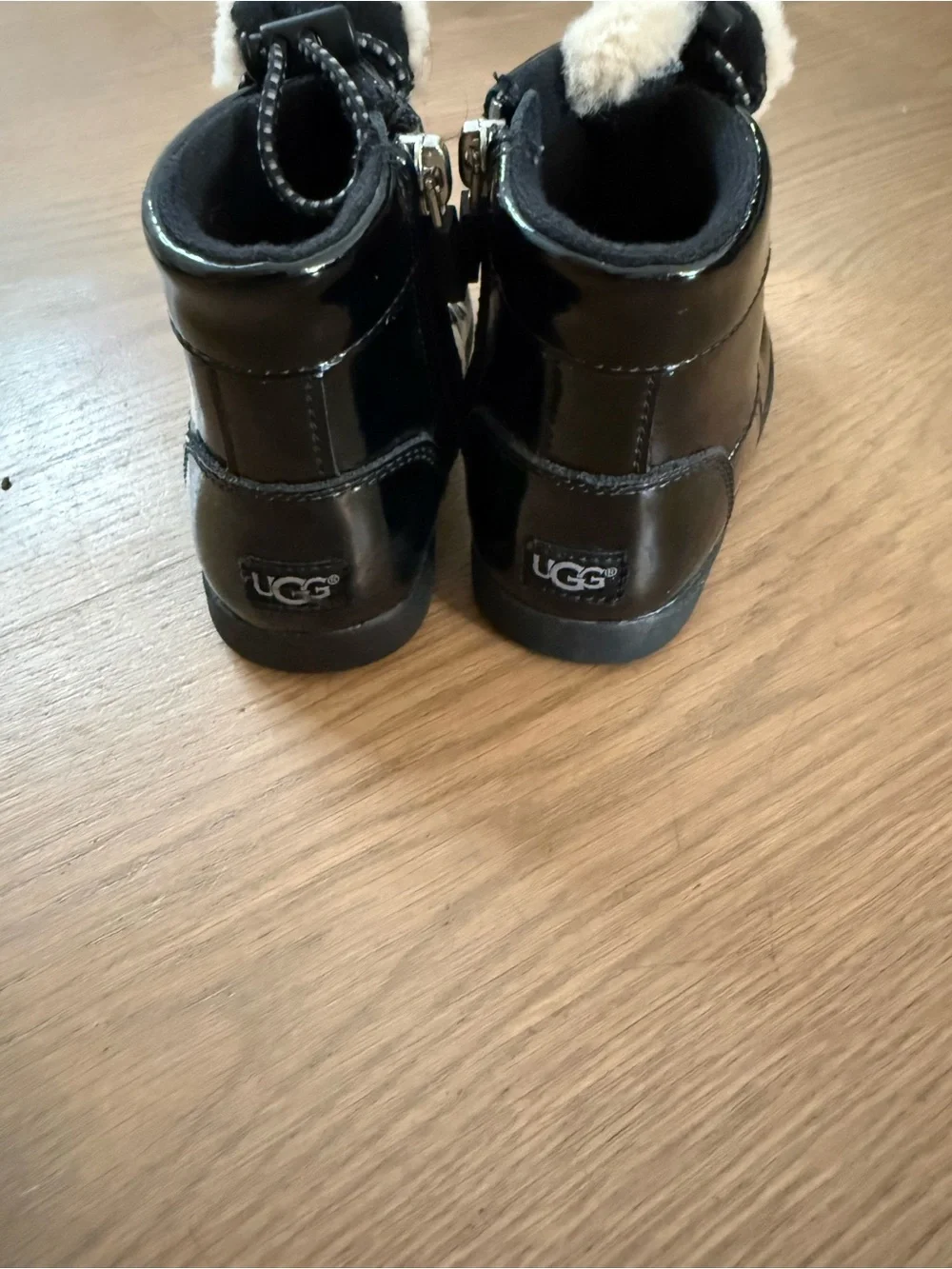 UGG Kids Black Patent Ankle Boots with Shearling Trim